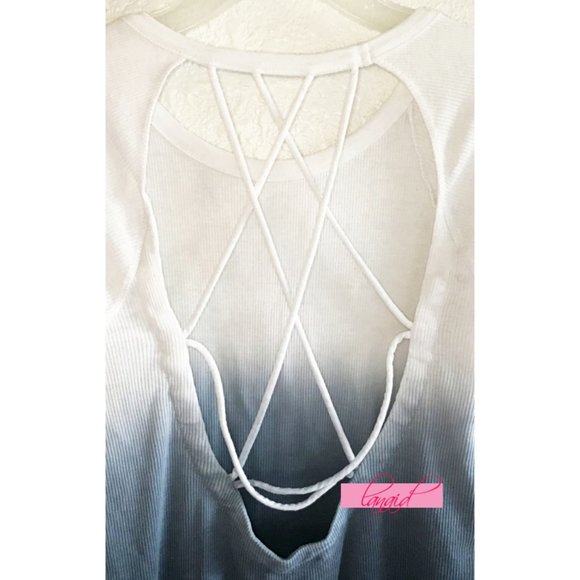 Chaser Ribbed Strappy Long Sleeve Top Ombre Open Back Backless Cut-Outs Dip-Dye - Picture 4 of 7